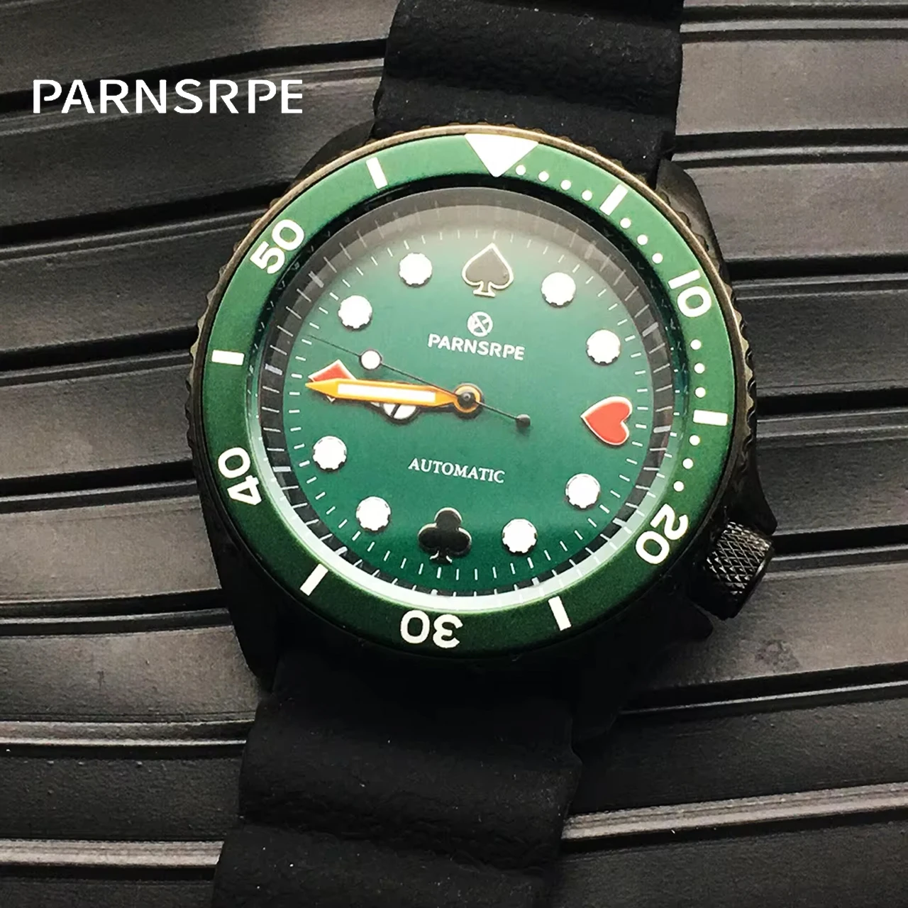 PARNSRPE NH35 42mm Green Poker Pattern Diver Watch, Luminous Dial Sapphire Crystal Waterproof, Sports Casual Watch