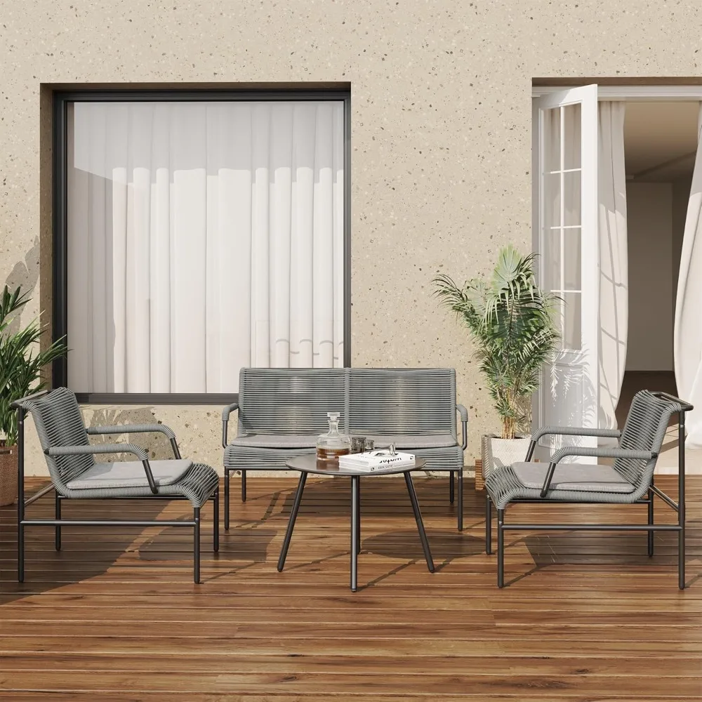 

4 Piece Patio Furniture Set, Outdoor Furniture with PE Wicker Rattan Chairs and Coffee Table, Modern Patio Conversation