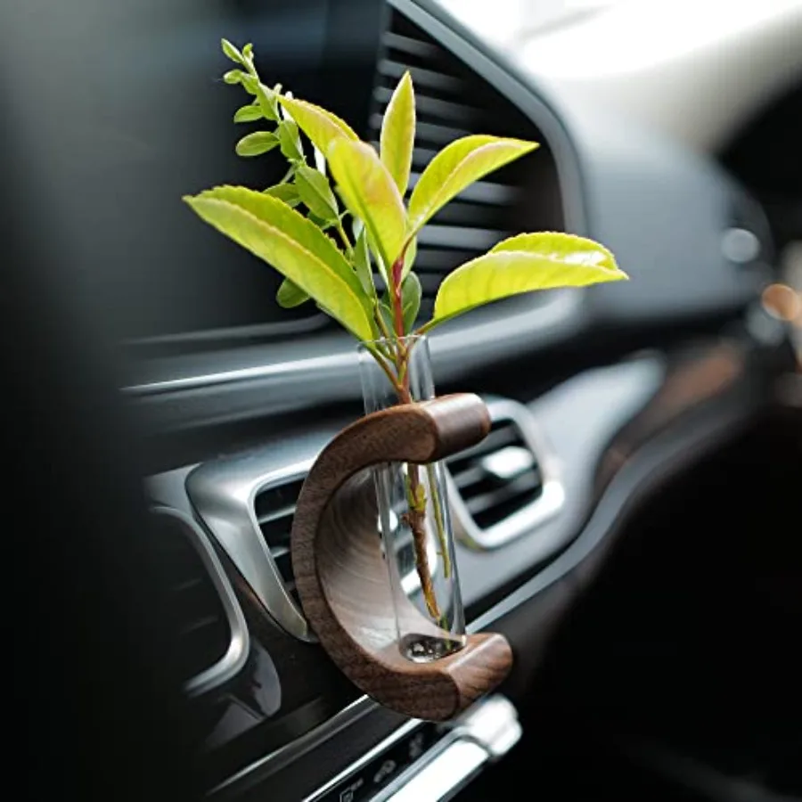 Pequeña estación de propagación de plantas para tubo de ensayo de ventilación de coche, florero con soporte de madera Retro, accesorios femeninos para coche Dr para mujer