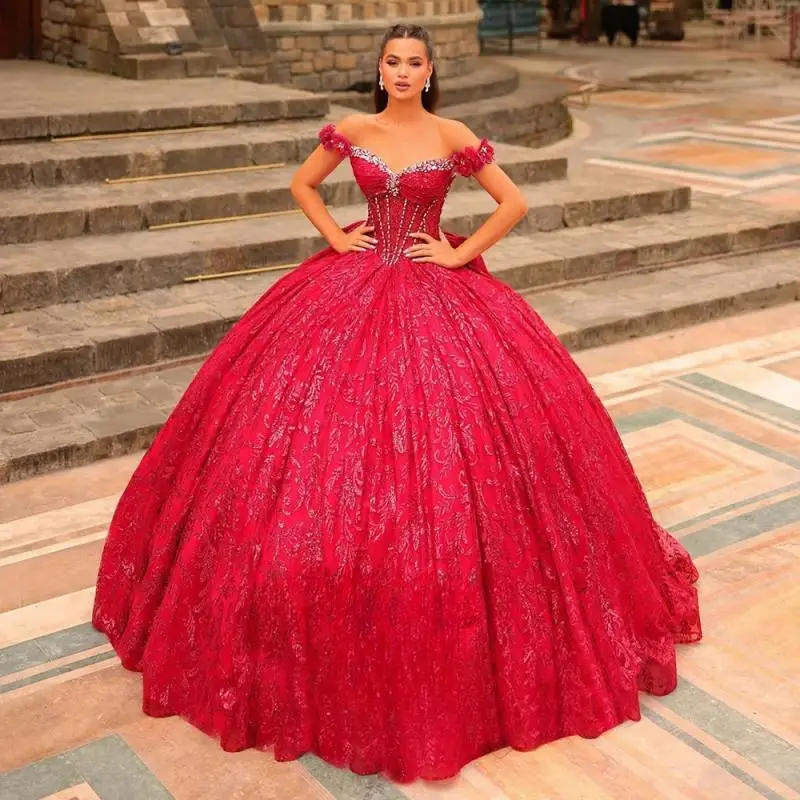 

Customized Red Fancy Lace Appliques Ball Gowns Quinceanera Dress for Girls Lace up Diamond Bow Sweetheart Vestido De 15