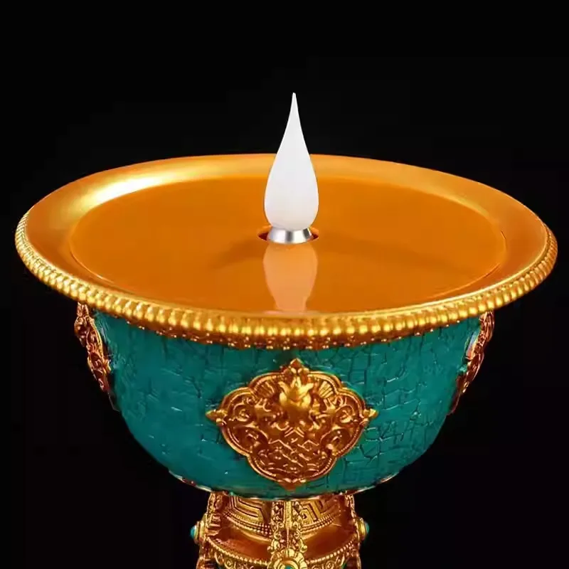 Tibetan-style home electronic butter lamp for Buddhist offerings, LED rechargeable flame, eight auspicious symbols, turquoise ca