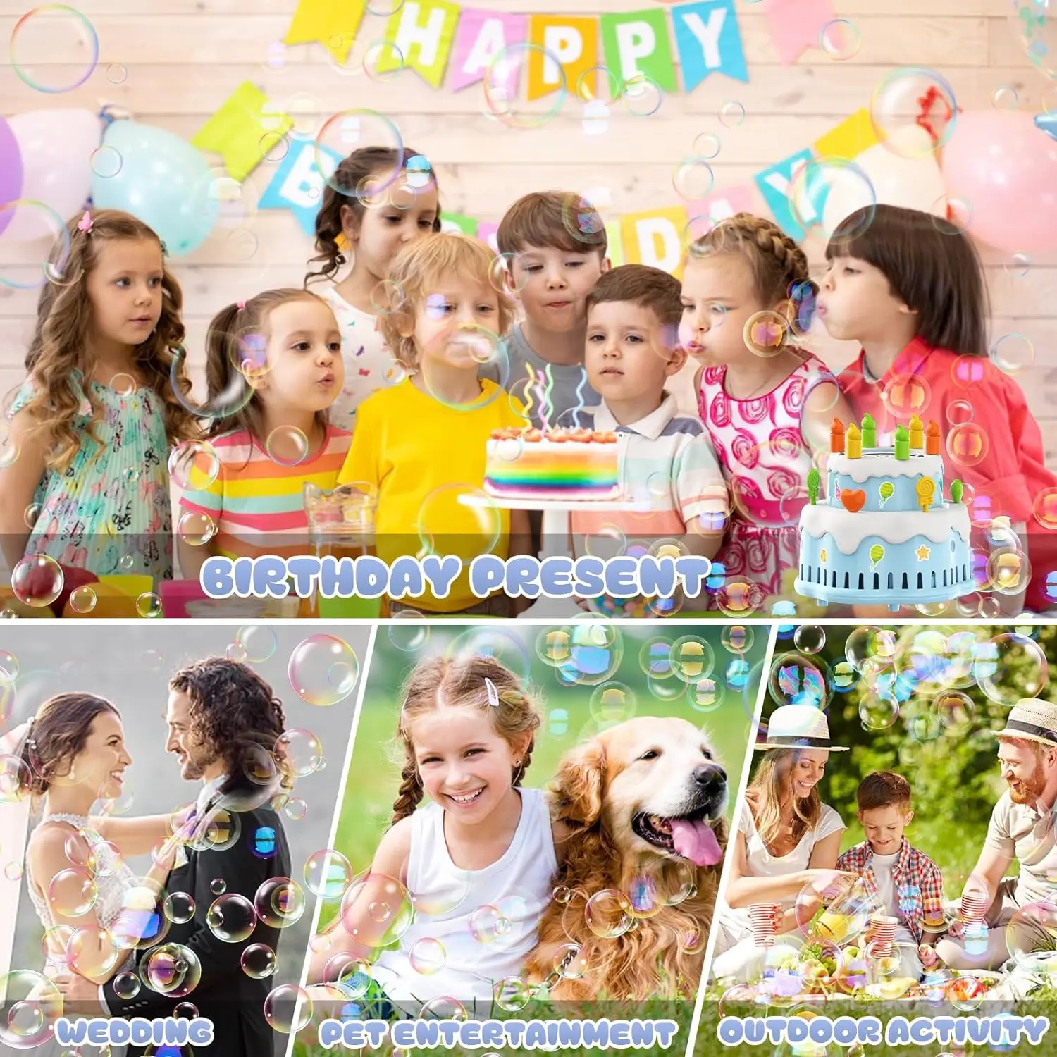 آلة فقاعات كعكة عيد الميلاد للأطفال ، آلية + فقاعات في الدقيقة ، أضواء ، ألعاب موسيقية للأولاد والبنات ، حفلات أعياد الميلاد