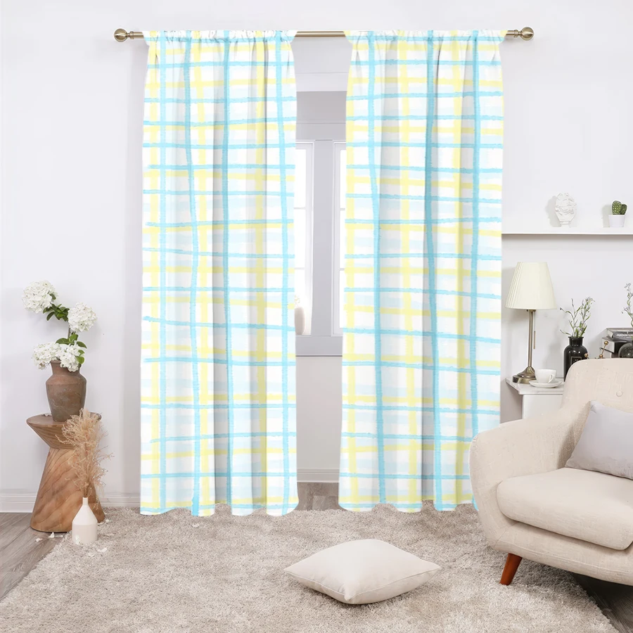 2PCS Multicolor Light Blue Yellow Plaid Watercolor Pattern Curtains Rod Pocket Design For Bedroom And Living Room