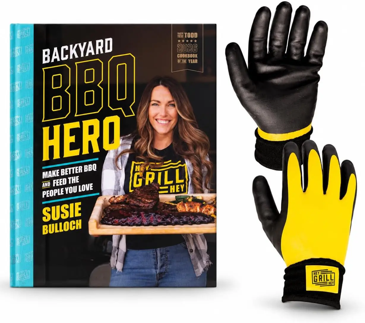BBQ Cookbook and Grilling Gloves Bundle – Grilling and Smoking Recipes with Heat-Resistant, Waterproof Grilling Gloves, Size L