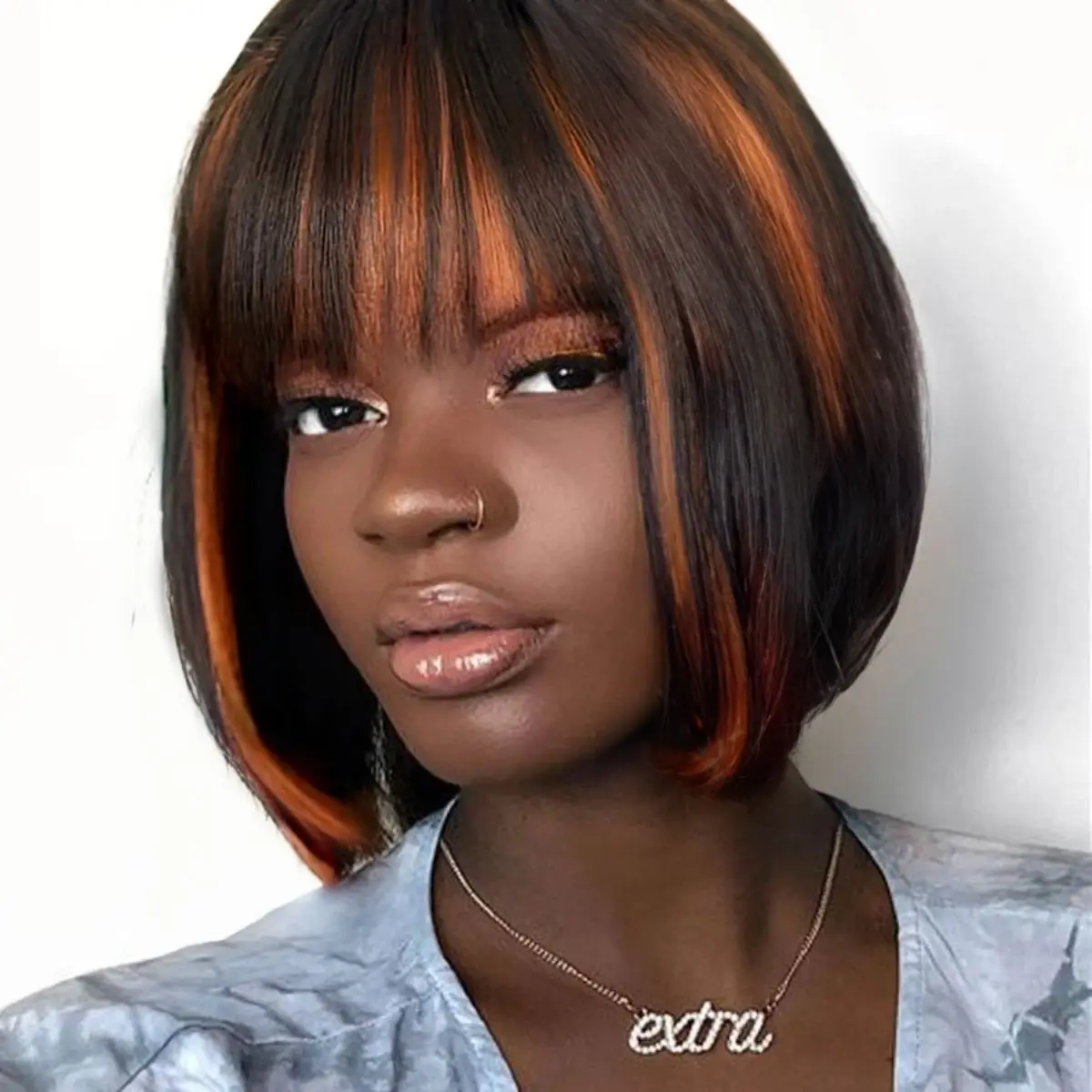 Synthetic Short Straight Bob Wig with Bangs Korean Brown Mixed Highlight Cosplay Daily Wear High Temperature Fiber