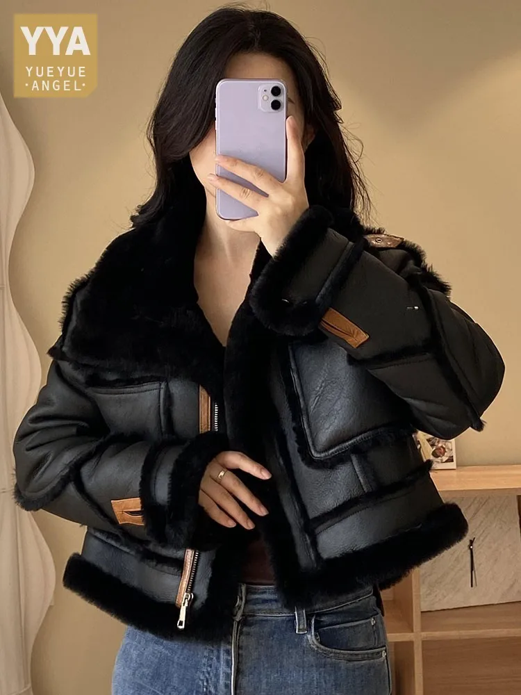 Winter Women Real Fur Jacket Short Style Motorcycle Shearling Overcoat Thick Warm Wool Lining Coat Luxury Natural Fur Jackets