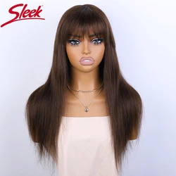 Pelucas de cabello humano brasileño liso con flequillo para mujer, listo para usar pelo 100% Real, color marrón #4 elegante, 22 pulgadas