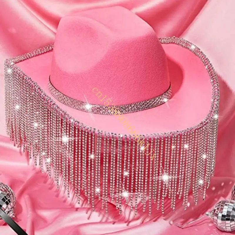 

Rhinestones Cowgirl Hat Rhinestones Fringe Glitter Rave Hats for Halloween Party 066C