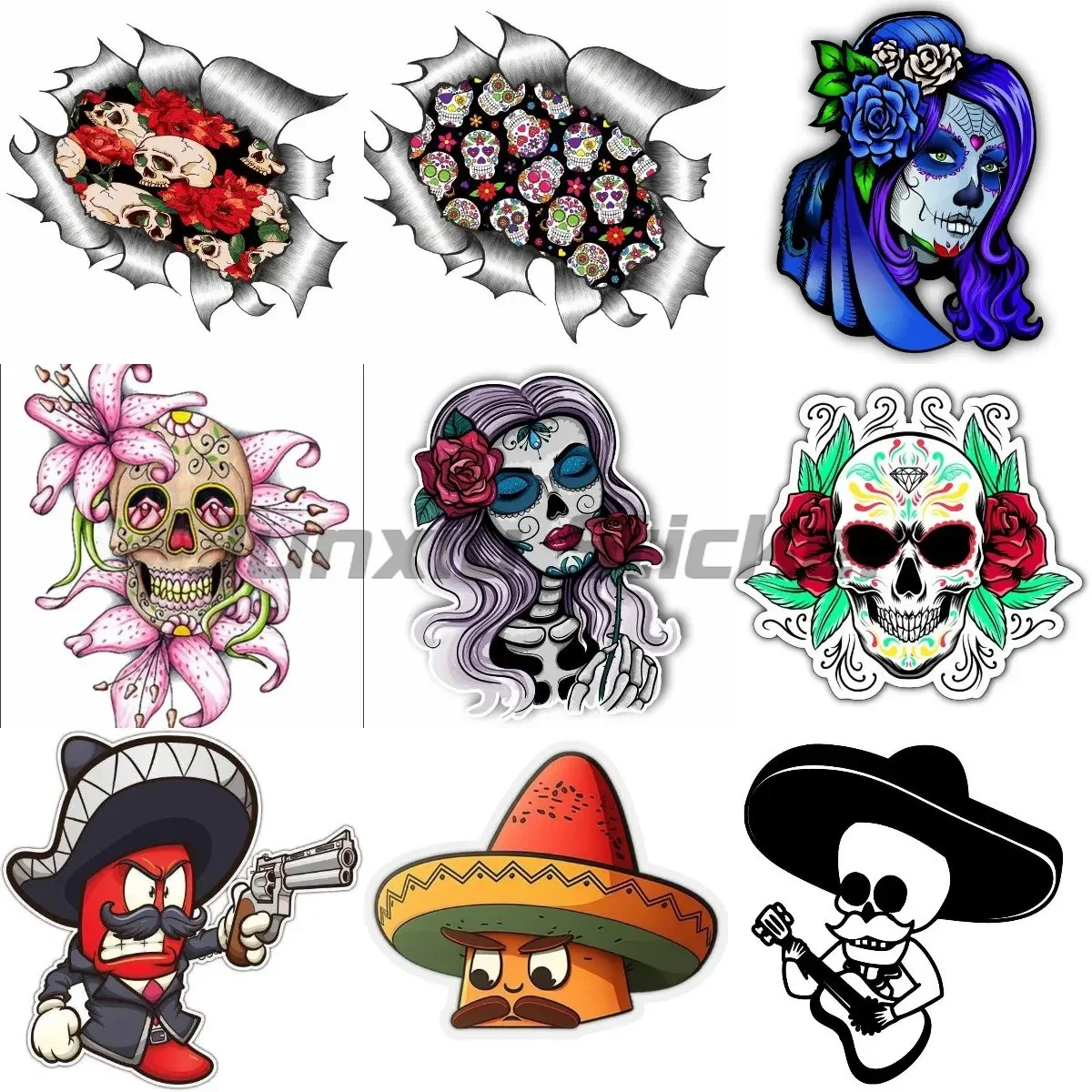 Torn Metal Rip Design with Tattoo Style Mexican Sugar Skull and Red Roses Pepper Gun Pattern Motif External Vinyl Car Sticker