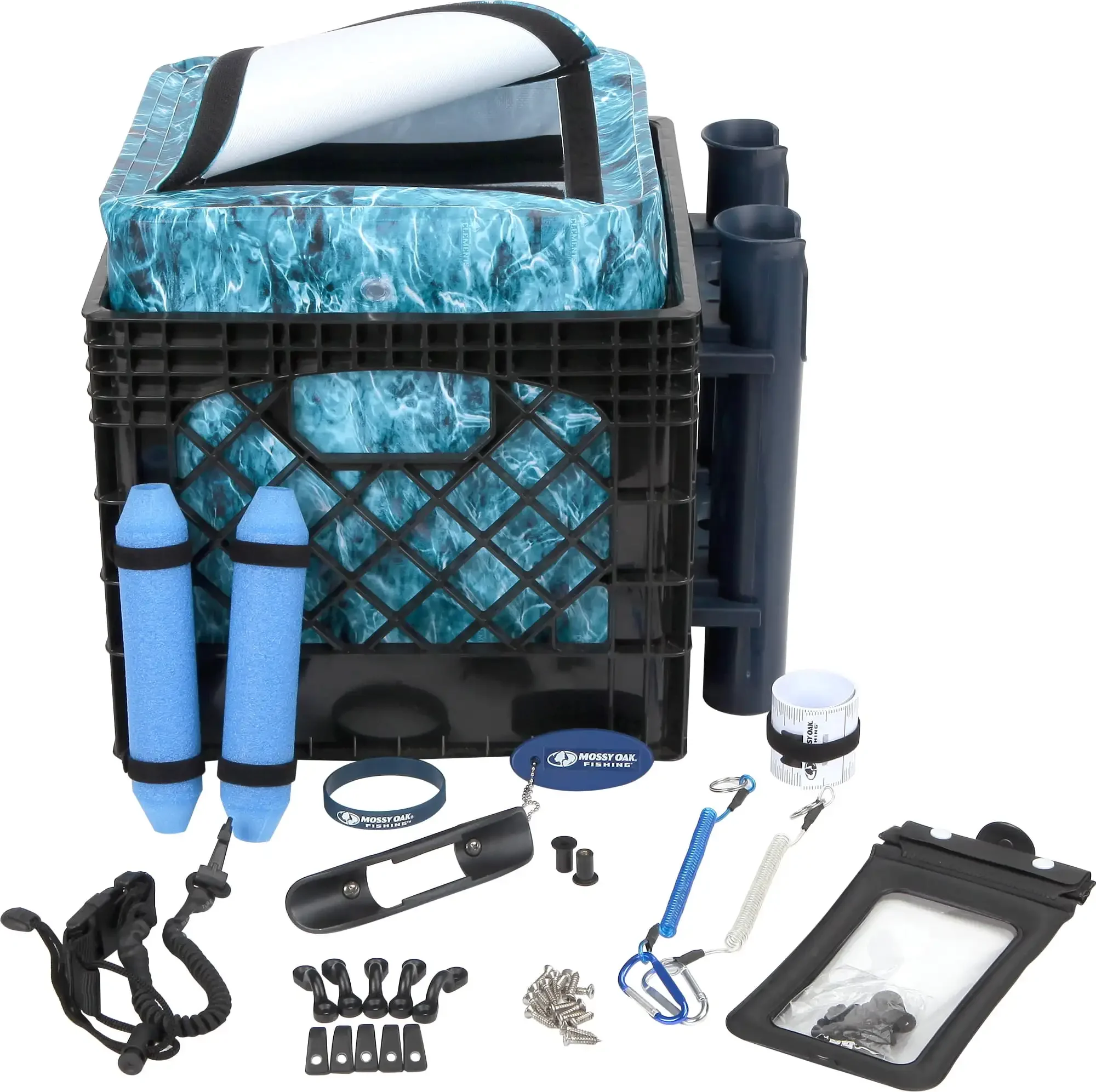 Kayak Storage Crate with Dry Bag, Fishing Accessories Kit and Rod Holder, 24 Piece, Milk Crate, Blue