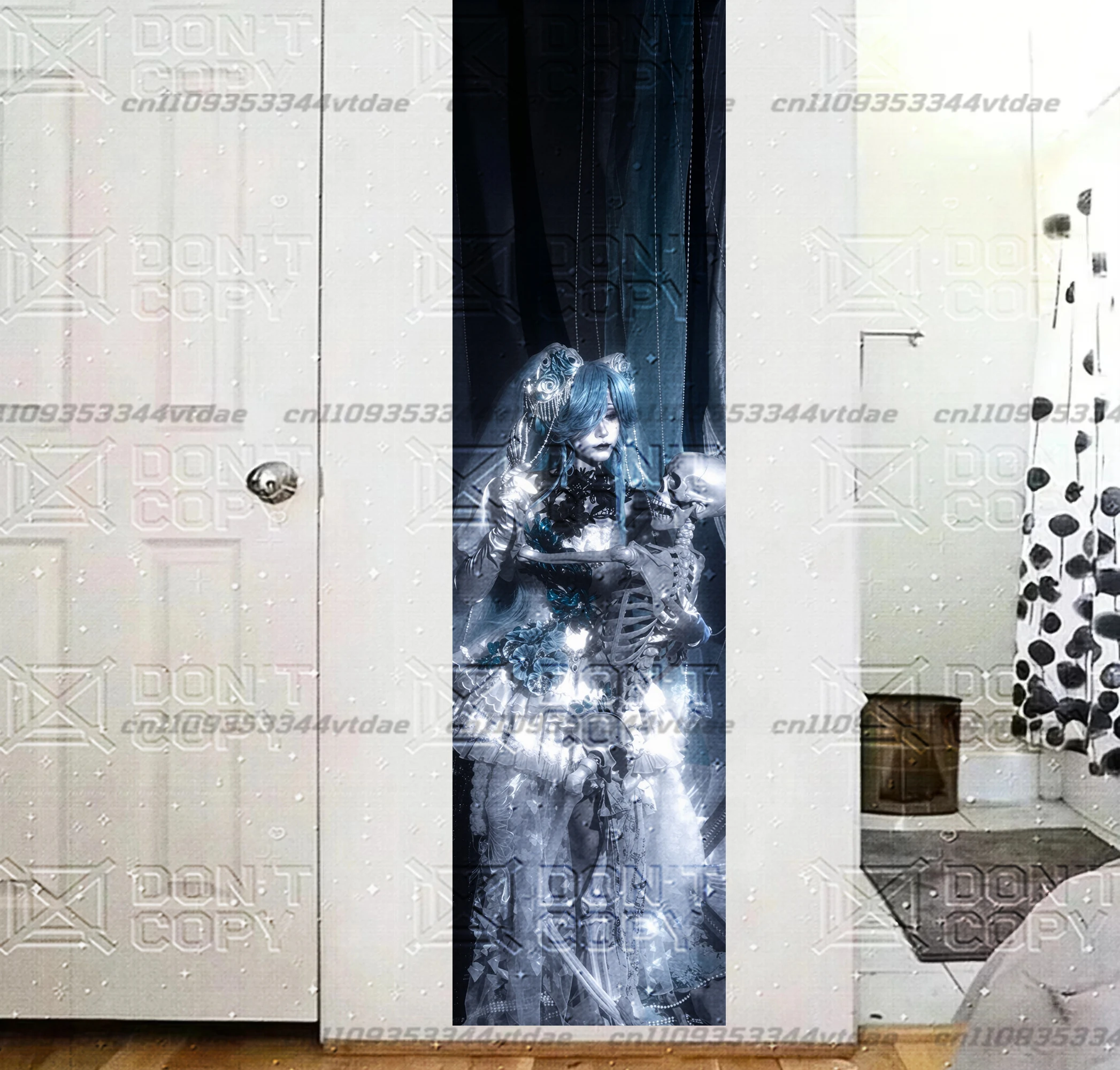 40x150cm Gothic Victorian Tapestry Blue Hair Lolita Anime Girl Holding Skeleton Wall Hanging Dark Moody Bedroom Background Cloth