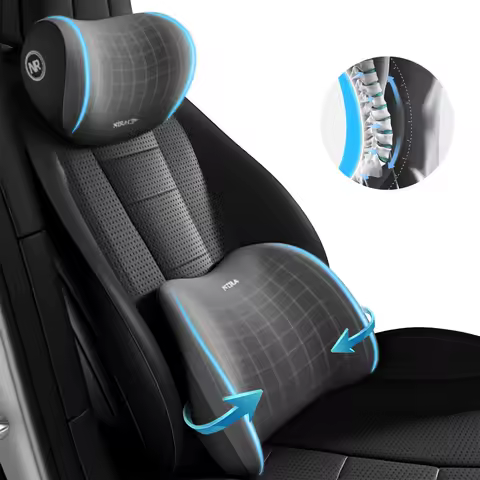 2pcs Gray Ergonomic Neck and Lumbar Support for Car Seats - Comfortable Headrests with Grid Pattern - Enhanced Driving Comfort