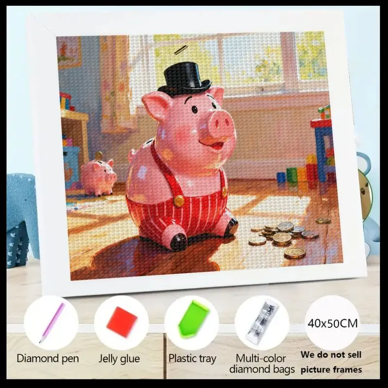 

1PC 5D DIY Diamond Painting Kit, Full Drill Cute Cartoon Piggy Bank with Top Hat & Money Theme Rhinestone Embroidery Art Craft,