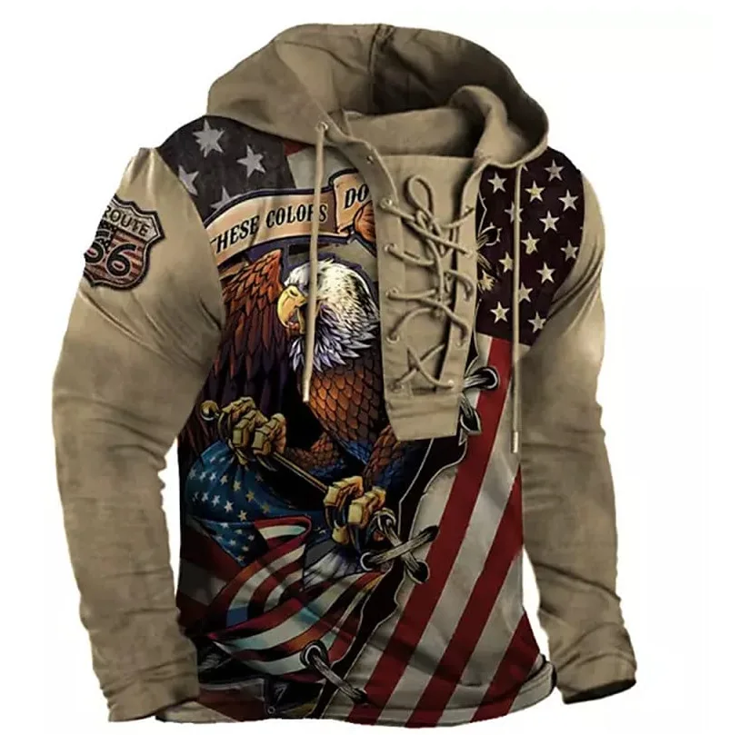 

Winter Men's And Women's 3D Digital Printing Eagle Flag Tether Pullover Hooded Casual Sweater