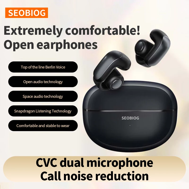 SEOBIOG Wireless Bluetooth Earbuds Bluetooth 5.3 OWS Ear Clip Headphones Intelligent Noise Reduction Waterproof  With Mic
