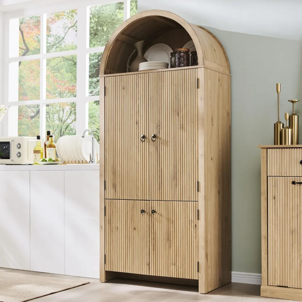 

71 Tall Arched Kitchen Pantry, Modern Fluted Wood Storage Cabinet with Doors, 3 Adjustable Shelves, 6 Door Shelves, Organizer, V