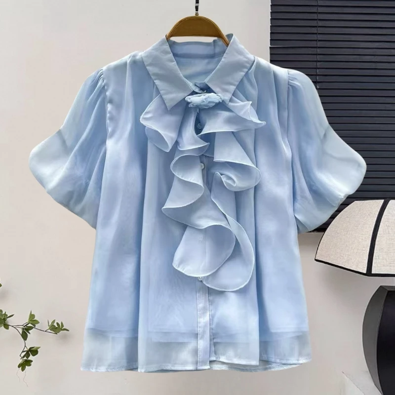 

2025,European,Clothes,Thin,Breathable,Blouse,Chic,Sexy,Button,Patchwork,3D,Ruffles,Single-breasted,Women,Puff Sleeve,Tops,56040