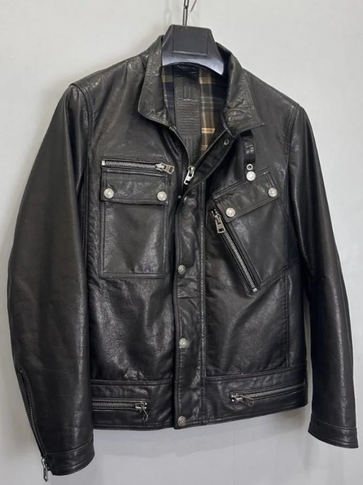 Retro Fashion Stand Collar Long Sleeves Genuine Leather Jacket Solid Color Zipper Button Loose Cowhide Male Motorcycle Coat - Image 3