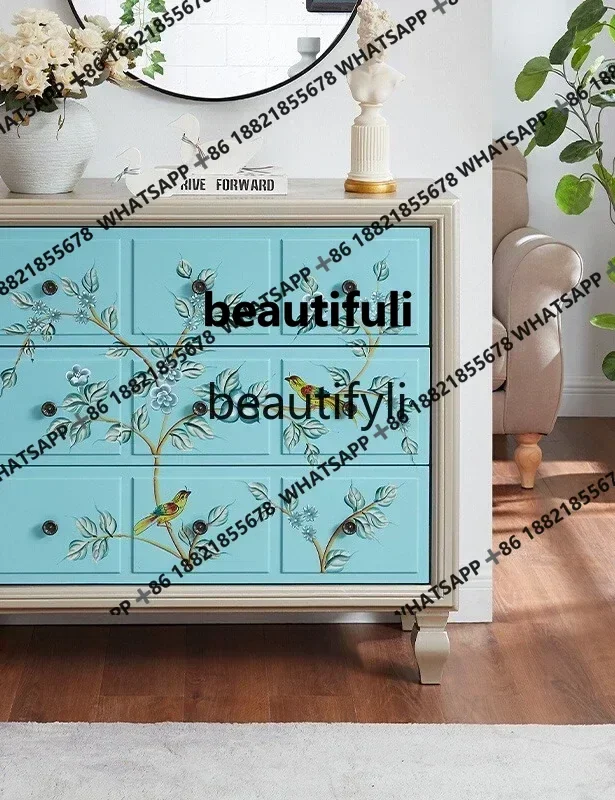 x1zMedieval style painted chest cabinet solid wood porch cabinet bedroom diner foyer three drawers storage side cabinet end of b