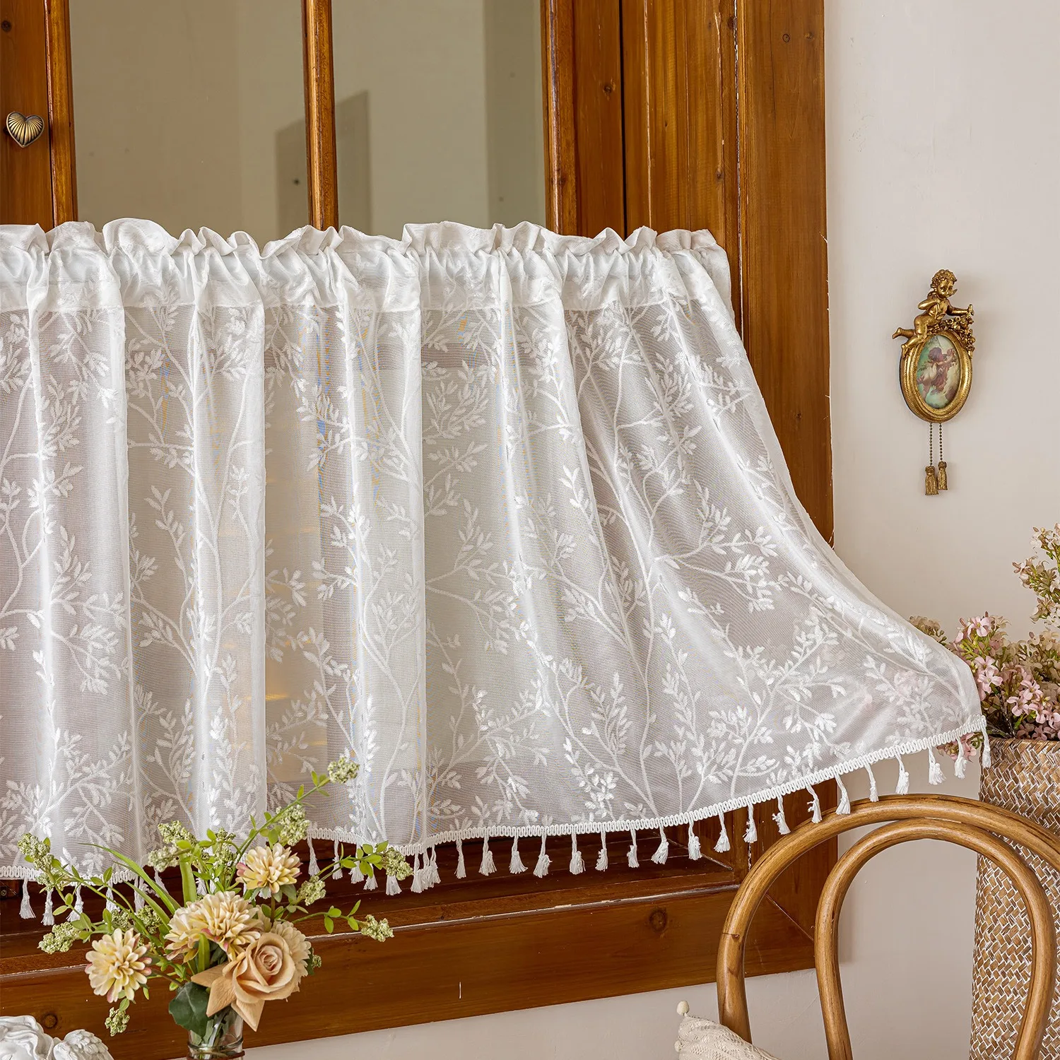 Lace Half Curtain Panels Cabinet Short Curtains With Pocket Kitchen Tulle Drapes Window Sheer Curtain for Coffee Room 1pc