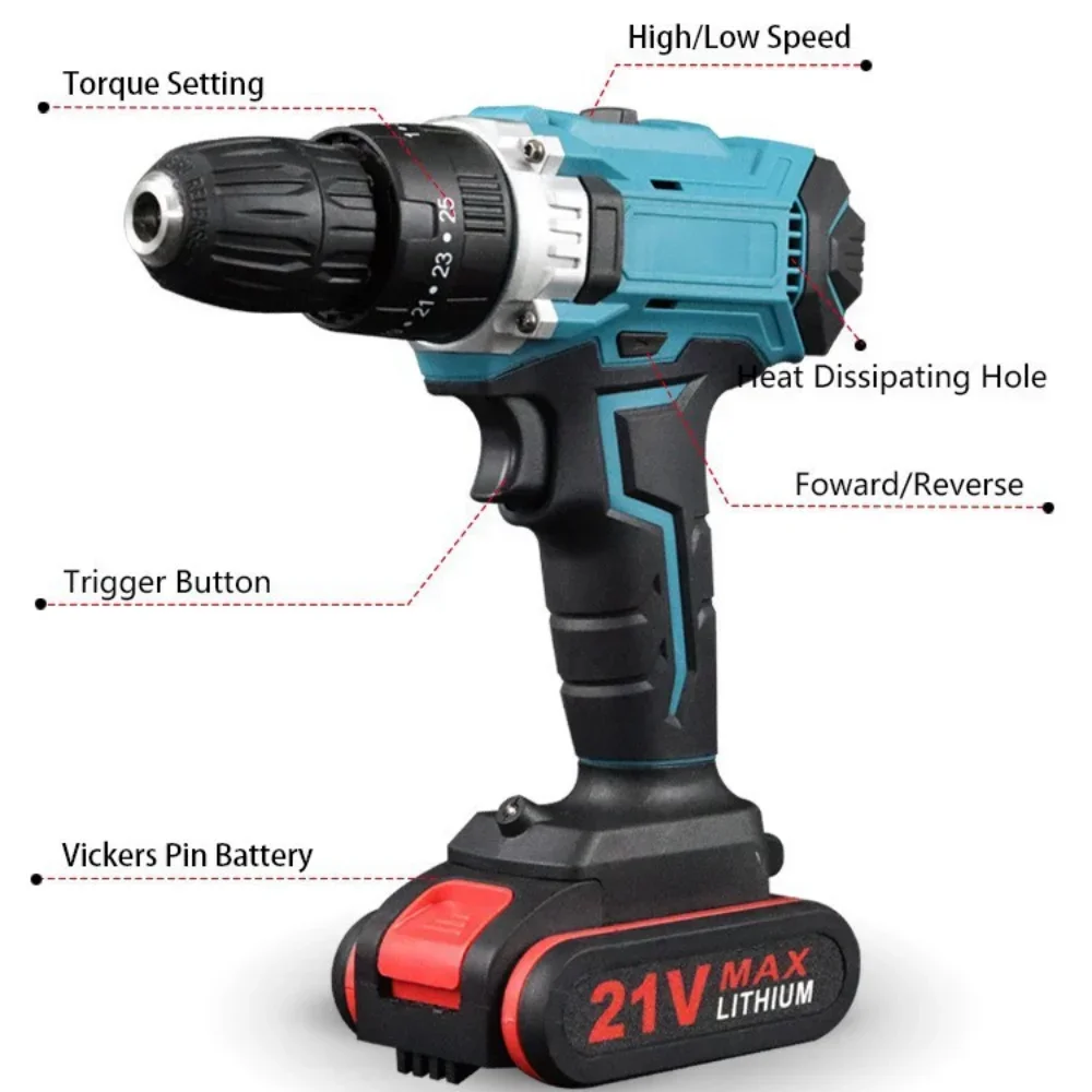 1000W 21V Electric Impact Drill 2 in 1 Electric Cordless Lithium-Ion Battery 2 Speed Power Tools Mini Electric Power Screwdriver