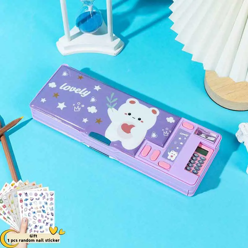 Comes with A Multifunctional Double-layer Pencil Case with Built-in Calculator, Children's Cartoon, and Large Capacity