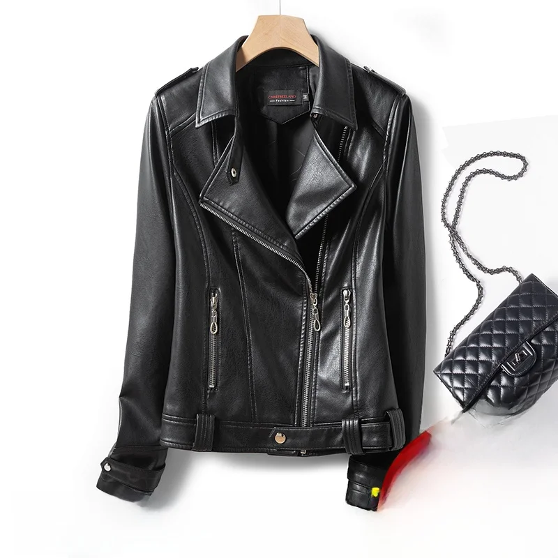 2025 New Women's ort Fit Leather Jaet Genuine eepskin Korean Sle Slimming Large Size Zipper Closure Commute Sle