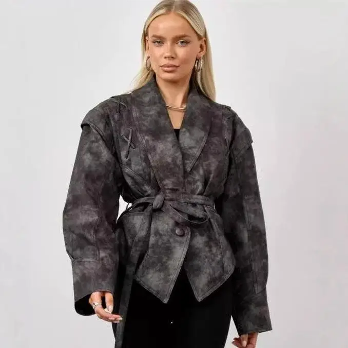 Street Faion Retro Faux Leather Jaet Stand Collar Belted Outerwear Long Sve Women's Autumn Winter Leather Coat