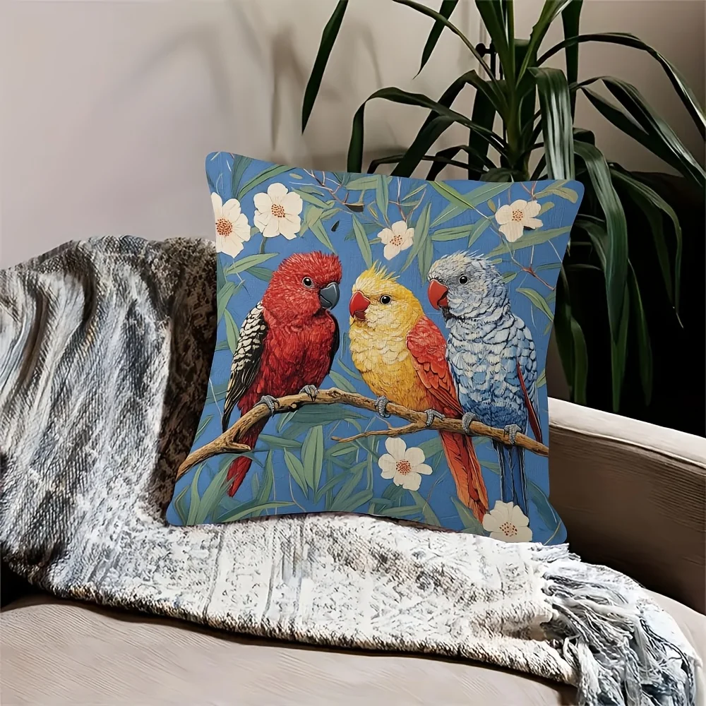 Double Sided Colorful Parrot Throw Pillow Cover Tropical Bird Floral Print Decorative Cushion Case for Sofa Couch Home Decor