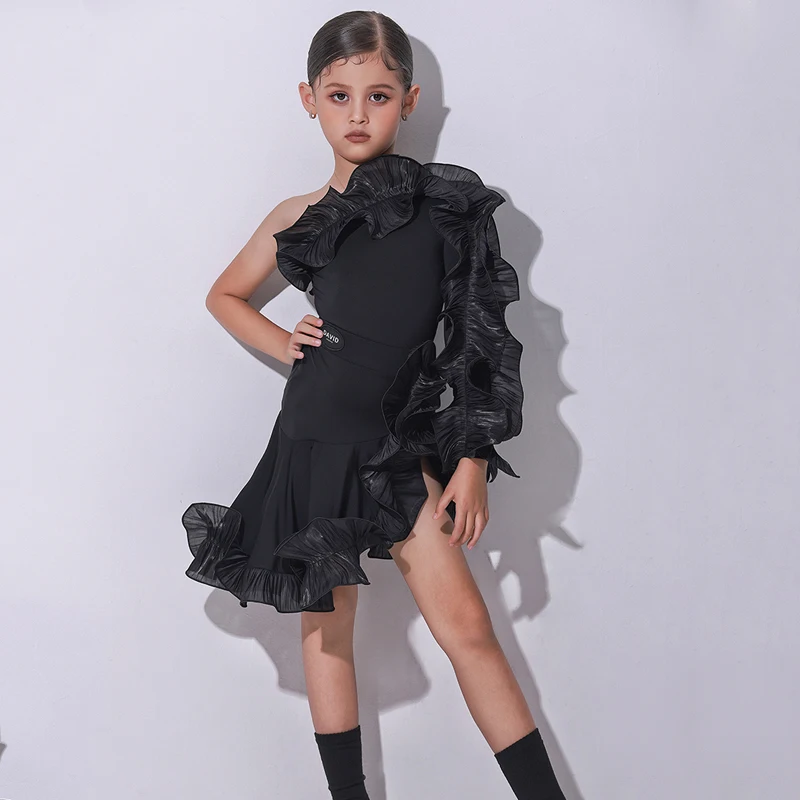 2026 Children Latin Dance Costumes For Girls Single Sleeved Irregular Fluffy Skirts Suit Tango Latin Dance Competition Clothing