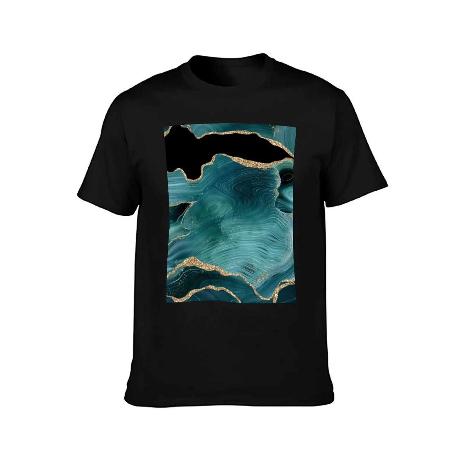 Teal and gold glitter agate marble texture - Gorgeous and luxurious T-Shirt, Summer Casual Cotton Tee, Oversized Streetwear Tops