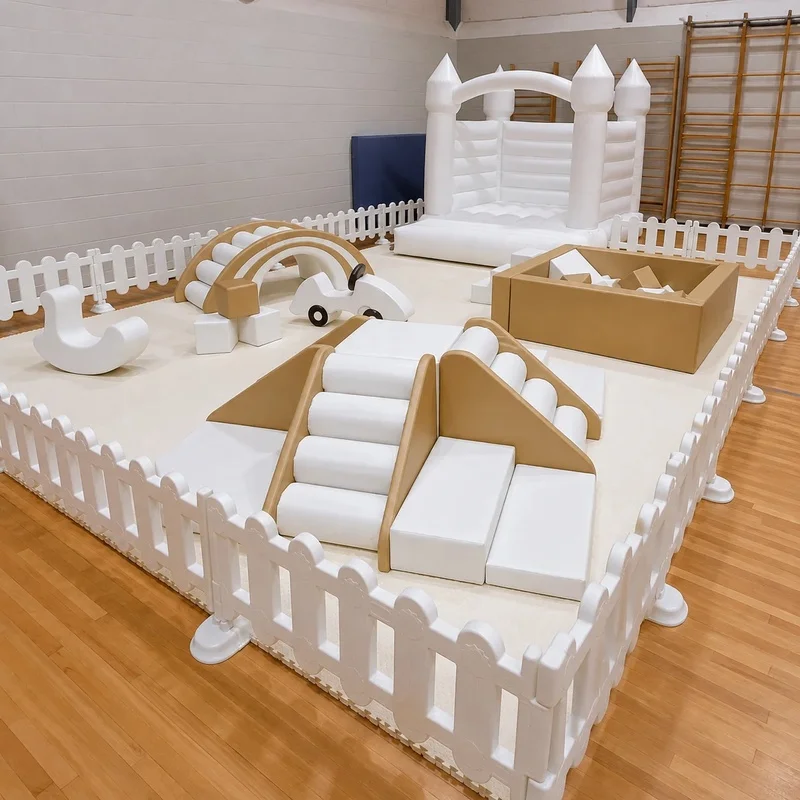 Beige White Soft Play Set with Bounce House Roller Bridge and Climbing Blocks for Party Rental Businesses