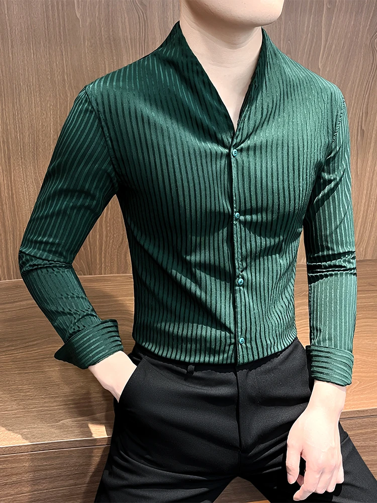2025 Fashion Collarless Long Sleeve Casual Shirt Men High Quality Slim Fit Versatile Striped Business Shirt Men Clothing