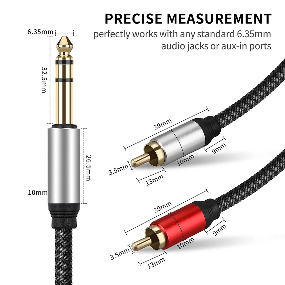 Macho TRS Stereo Plug para Fêmea Áudio Y Splitter Cable, Insert Cord, 6,35mm para 2RCA, 1/4 ", 6 pés, 2m, 6 pés
