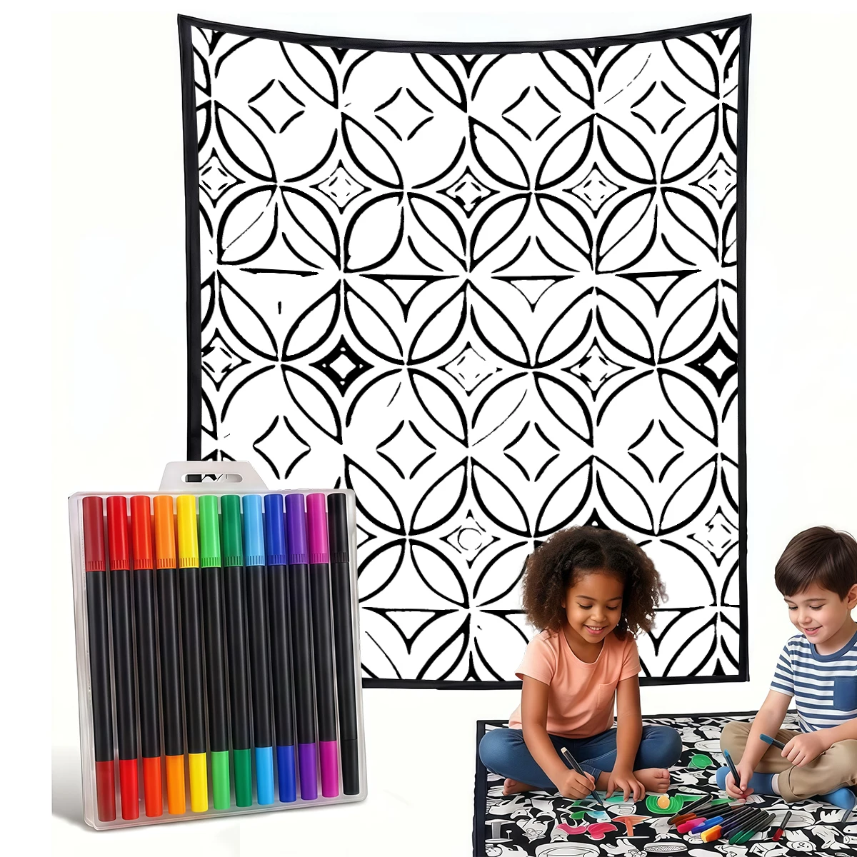 Green Rust Geometric DIY Cozy Coloring Blankets -24 Markers, Cozy Velvet Ideal For Daily Use Home Decor And Kids Spaces