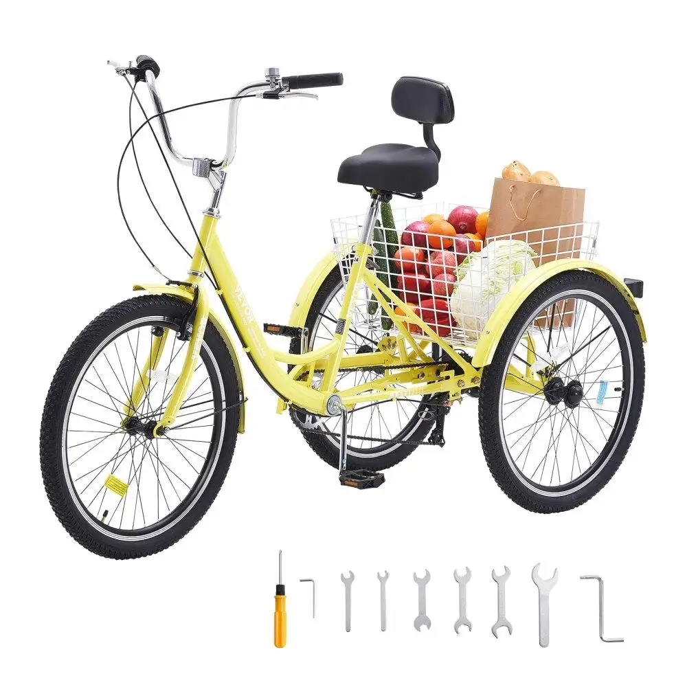 

Adult Tricycles Bike, 7 Speed Adult Trikes, 24 Inch Three-Wheeled Bicycles, Carbon Steel for Cruiser Bike with Basket and