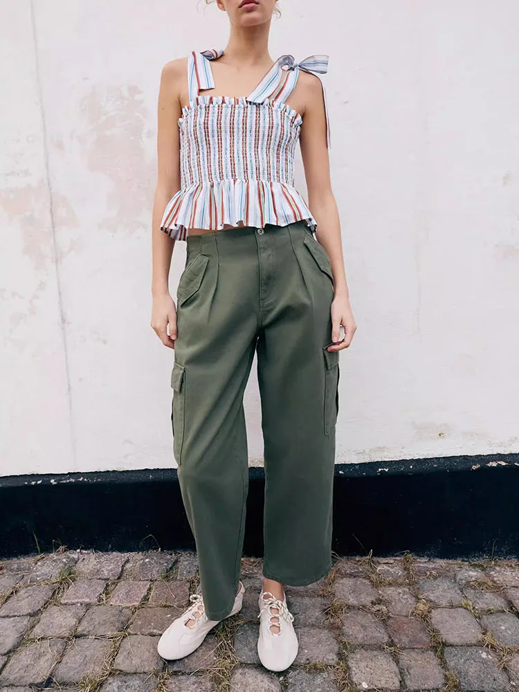 

Модный женский топ с эластичными бретелями и полосатым узором в виде сот, с прямым воротником, новинка лета 2026, трендовый дизайн