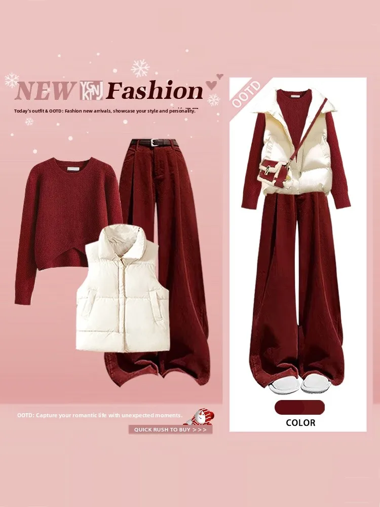 

Зимний модный красный свитер с атмосферой, жилет, широкие брюки, утягивающий комплект футболок, женская одежда, повседневный длинный рукав...