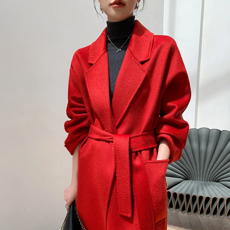 Autumn 100% Wool Coats Women Open Stitch Design Long Coats With Belt Double Face CashmereCoat Femme Tops New