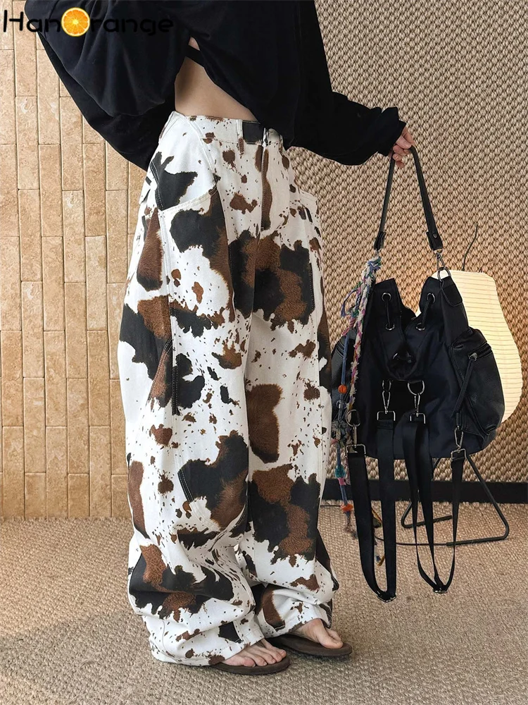 

HanOrange 2026 Spring Autumn Nomad Style High Waist Contrast Cow Pattern Jeans Women Loose Wide Leg Denim Pants