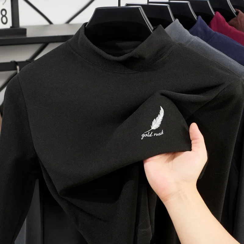 Men's new casual solid color feather embroidery long sleeved round neck T-shirt versatile and comfortable top spring autumn