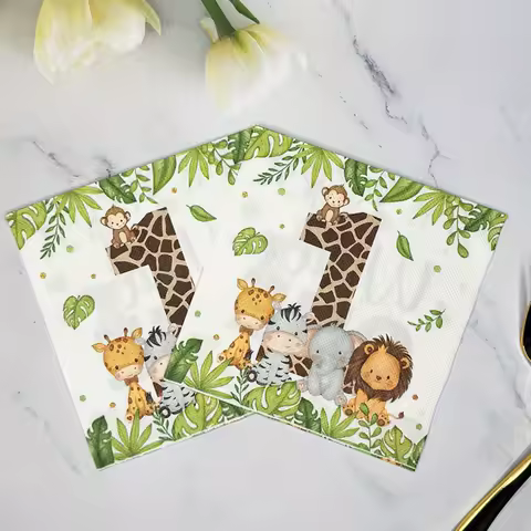 20pcs/Bag Jungle Safari Animal Print Paper Napkins Cartoon Cute Animal Disposable Party Tissues 1st Birthday Party Decoration