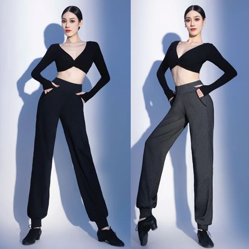 

Latin Dance Training Clothes Black Practice Dancewear Tops Grey Pants Women Dancing Costume Long Sleeve Rumba Clothing AMY1408