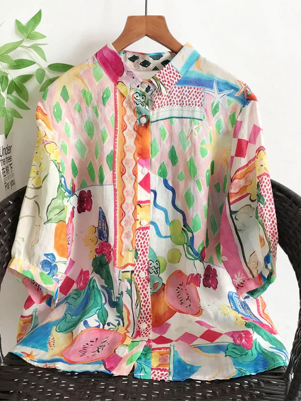 Summer Linen Print Shirt Women Loose Fit Casual