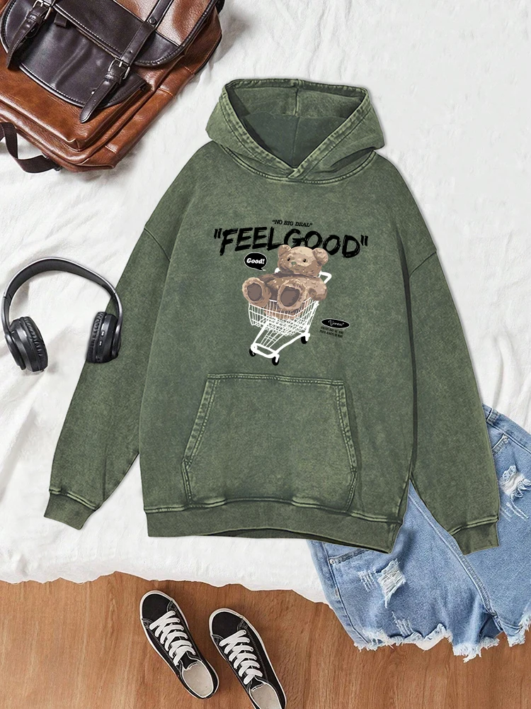 

Teddy Bear In The Shopping Cart Print Distressed Hoodie Womens Hoody Simple Basics Versatile Washed Hoodies Autumn Cotton Warm