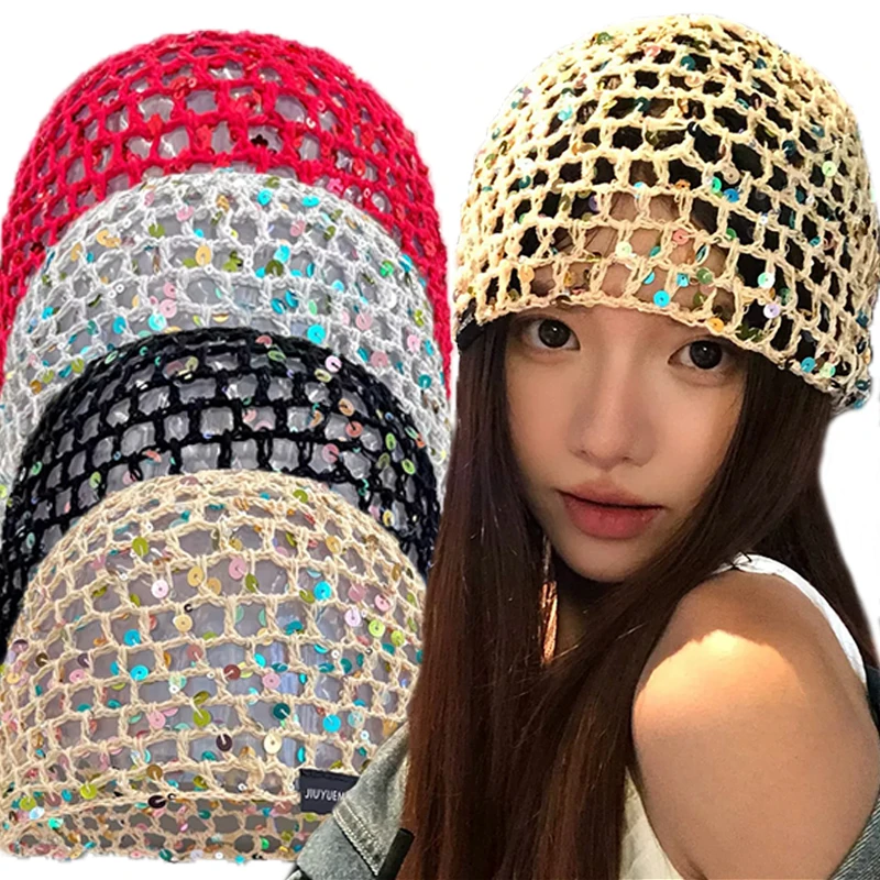 2026 New Korean Version Y2K Sequined Hollow Pullover Hat Women Summer Fishnet Knitted Hood Shiny Beanie Seaside Crochet Hat