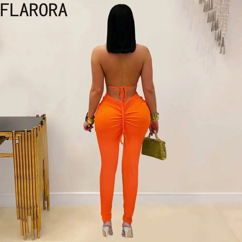 FLARORA Sexy Halter Knit Jumpsuits Woman Hollow Out Backless Sleeveless Ruched Skinny One Piece Overalls Summer Beach Jumpsuit
