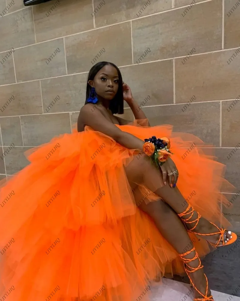 Fashion Bright Orange Tulle Prom Dress Pretty Special High Low Plus Size Women Long Extra Puffy Tutu Skirt Simple Party Dresses