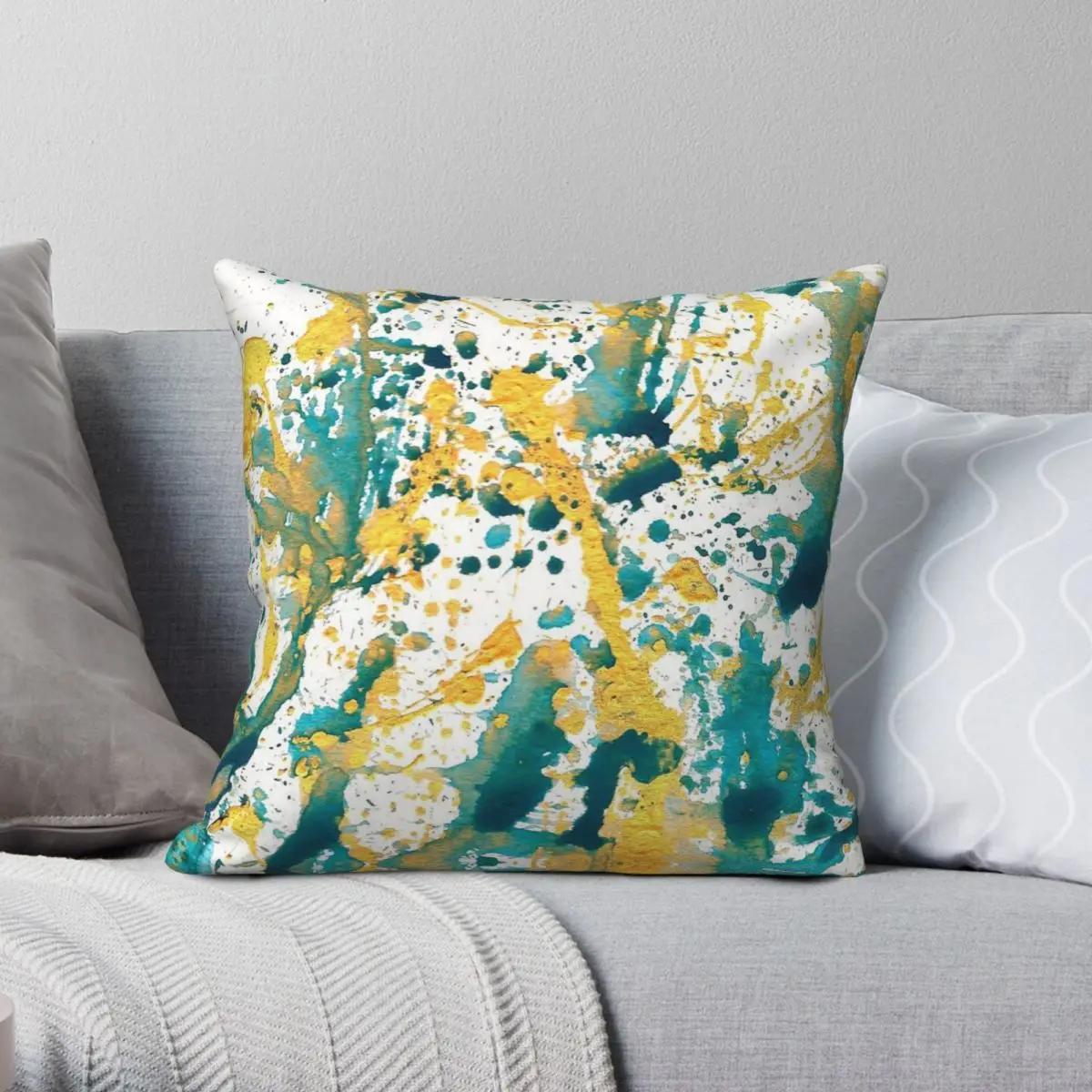 Teal And Gold Splatter Square Pillowcase Polyester Linen Velvet Creative Zip Decor Bed Cushion Cover 18