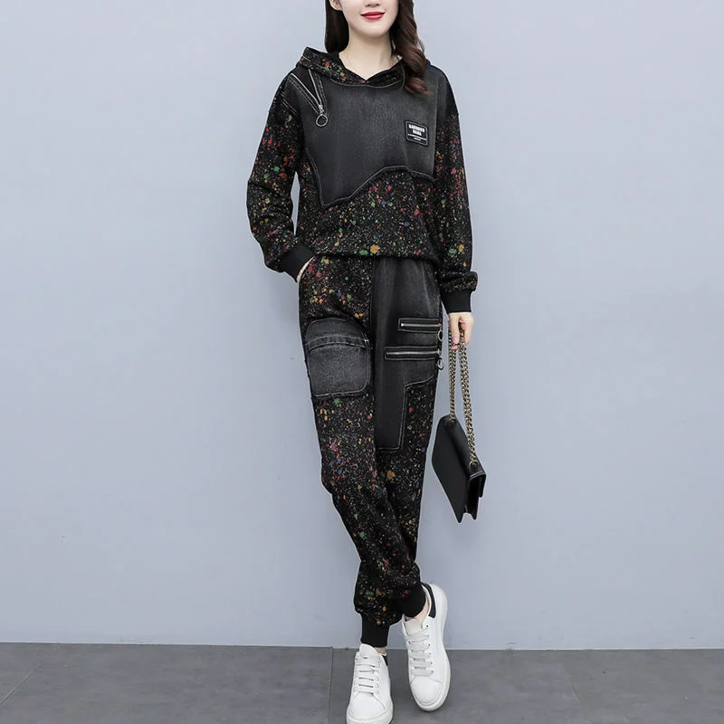 Women Denim Sets Age-Reducing Harem Pants Hooded Add Velvet Thickened Coat 2026 Female Winter Loose Slim Jeans Two-Piece Suit